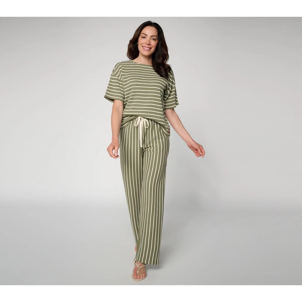 Peace Love World Plus Sz 2X Top and Pants Set Olive Green Stripe Honeycomb Knit